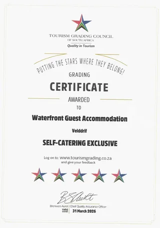 Tourism Grading Council of South Africa grading certificate: five stars, Self-Catering Exclusive